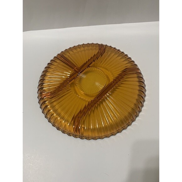 Old Indiana Colony Glass Amber Ribbed 4 Section Divided 10" Serving Plate Tray - Picture 3 of 5